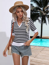 Striped Hollow Lapel Short-sleeved Shirt