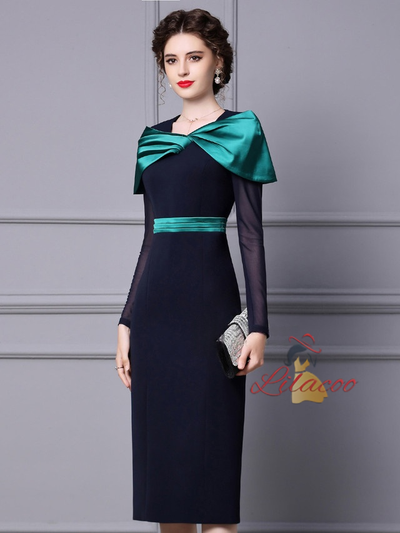 Navy Blue Long Sleeve Mother Of The Bride Dress