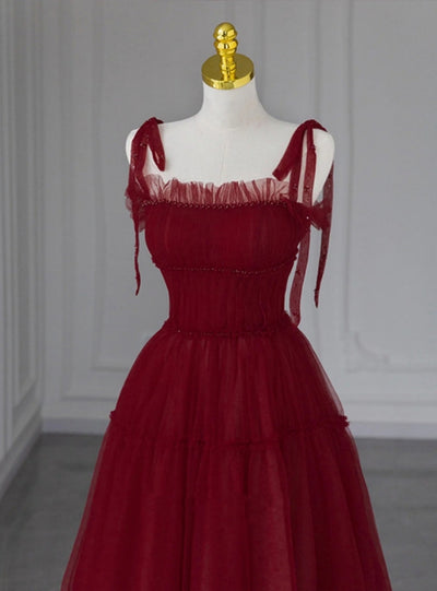 Burgundy Tulle Straps Pleats Beading Prom Dress