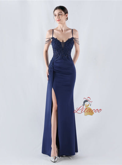 Mermaid Spaghetti Straps Beading Lace Prom Dress