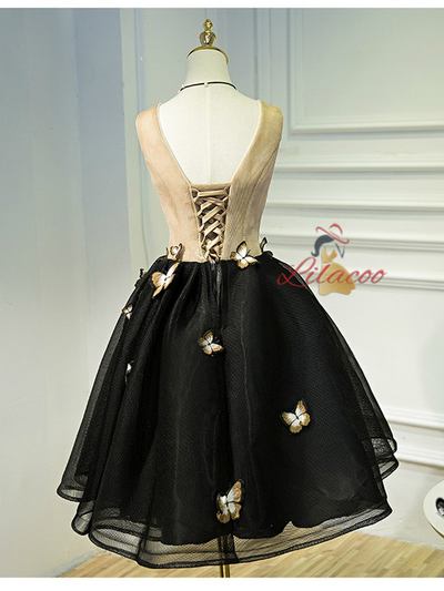 Black V-neck Butterfly Homecoming Dress