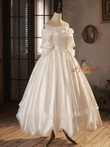 White Satin Lace Puff Sleeve Wedding Dress