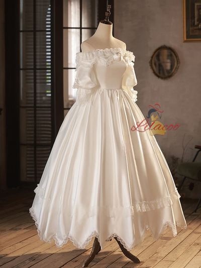 White Satin Lace Puff Sleeve Wedding Dress
