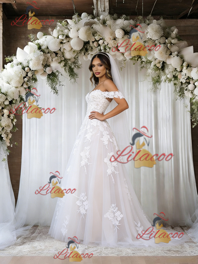 White Tulle Off the Shoulder Lace Wedding Dress