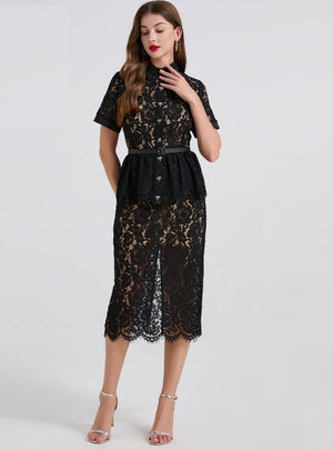 Lace Short Sleeve Slit Slim Diamond Dress