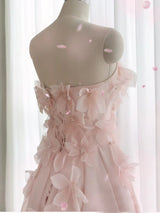 Pink Tulle Strapless 3D Flower Prom Dress