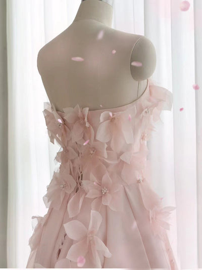 Pink Tulle Strapless 3D Flower Prom Dress