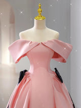 Pink Satin Off the Shoulder Bow Prom Dress