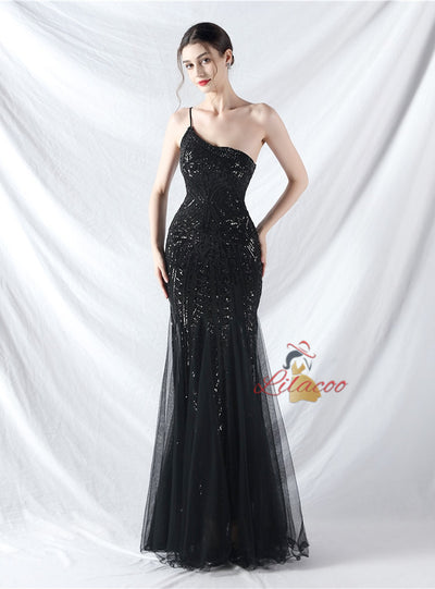 Mermaid Sequins One Shoulder Beading Prom Dress