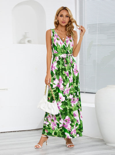 Bohemian Printed Sleeveless V-neck Slit Dress