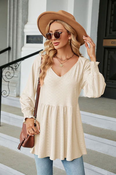 Stitching V-neck Jacquard Long-sleeved T-shirt