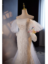 White Mermaid Lace Pearls Wedding Dress