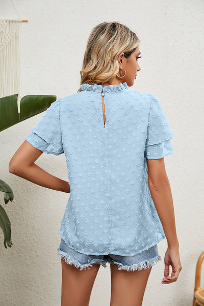 Solid Color Short Sleeve Jacquard Chiffon Shirt