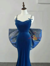 Blue Mermaid Velvet Straps Bow Prom Dress