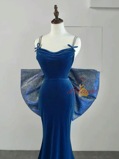 Blue Mermaid Velvet Straps Bow Prom Dress