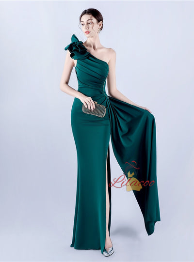 One Shoulder Pleats Flower Prom Dress