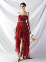 Hi Lo Tulle Strapless Sequins Prom Dress