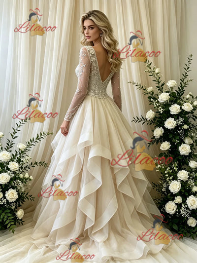 Ivory Long Sleeve V-neck Beading Weding Dress