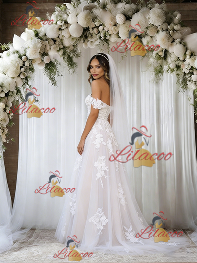 White Tulle Off the Shoulder Lace Wedding Dress