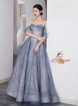 Blue Tulle Sequins Pleats Straps Beading Prom Dress