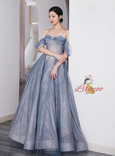 Blue Tulle Sequins Pleats Straps Beading Prom Dress