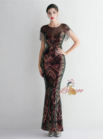 Scoop Neck Sequins Cap Sleeve Beading Prom Dress