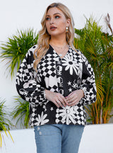 Lantern Sleeve Loose Geometric Print Shirt Top