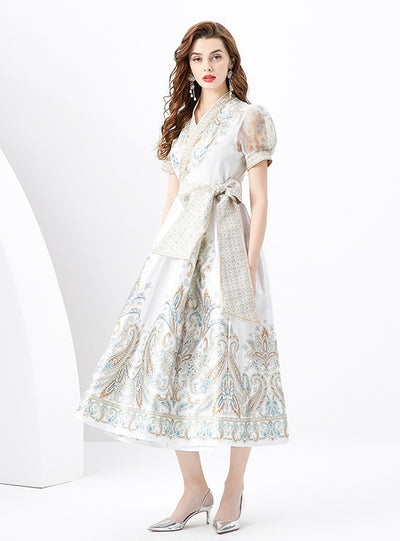 V-neck Lantern Sleeve Retro Print Dress