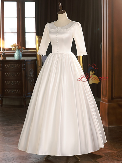 White Satin Short Sleeve Button Wedding Dress
