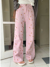 Pink Bear Print Straight Wide-leg Jeans