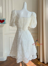 White Bubble Sleeve Short Dress