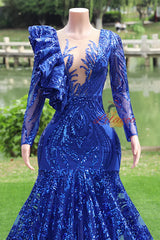 Royal Blue Mermaid Sequins Long Sleeve Prom Dress