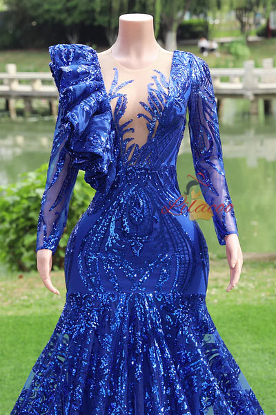 Royal Blue Mermaid Sequins Long Sleeve Prom Dress