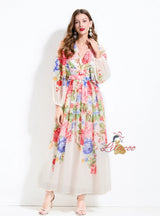 Printed V-neck Chiffon Long Sleeve Dress