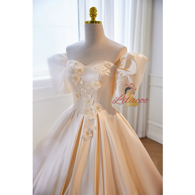 Champagne Satin Puff Sleeve Wedding Dress
