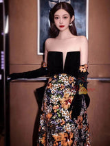 Sexy Sequins Black Velvet Strapless Prom Dress