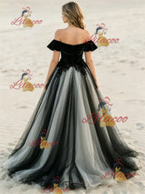 Black Tulle Off the Shoulder Appliques Wedding Dress