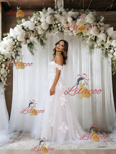 White Tulle Off the Shoulder Lace Wedding Dress