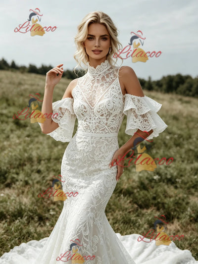 White Mermaid Lace High Neck Wedding Dress