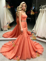 Oragne Mermaid Strapless Prom Dress