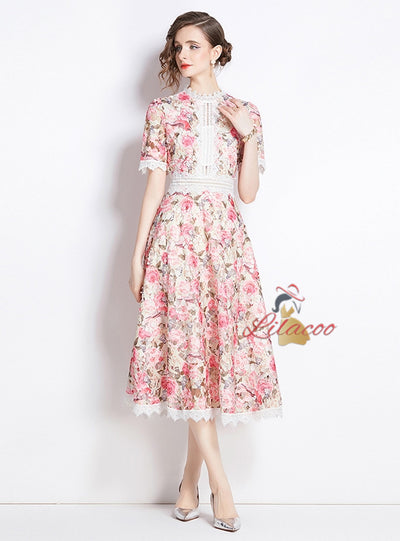 Retro Elegant Lace Stitching Printed Dress