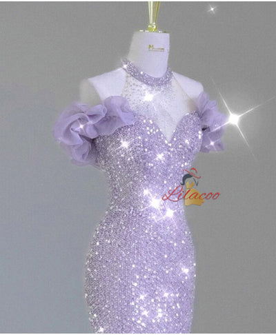 Purple Mermaid Sequins Prom Dress