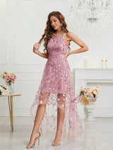 Pink Tulle Sequins Hi Lo Prom Dress