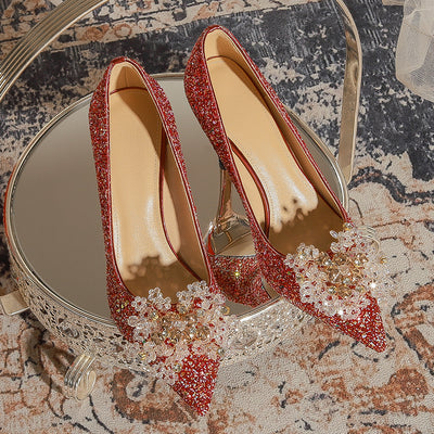 Pointed Stilettos Heels Sequined Beads Shoes