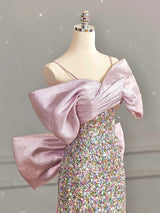 Pink Sequins Straps Bow Pleats Prom Dress