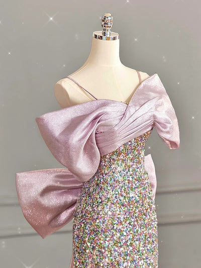 Pink Sequins Straps Bow Pleats Prom Dress