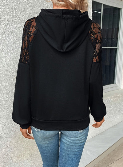 Lace Stitching Top Hooded Drawstring Pullover