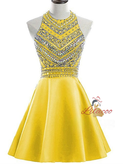 Green Satin Beading Crystal Homecoming Dress