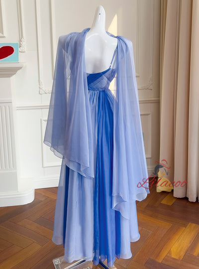 Blue Chiffon Spaghetti Straps Pleats Prom Dress