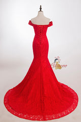 Red Mermaid Lace Off the Shoulder Beading Prom Dress